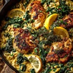 Creamy lemon chicken and spinach orzo skillet garnished with fresh herbs.