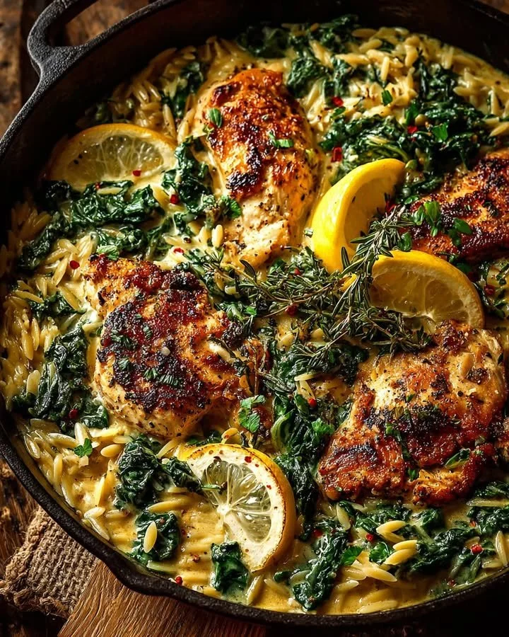 Creamy lemon chicken and spinach orzo skillet garnished with fresh herbs.