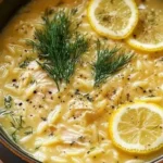 Bowl of creamy lemon orzo chicken soup garnished with fresh herbs