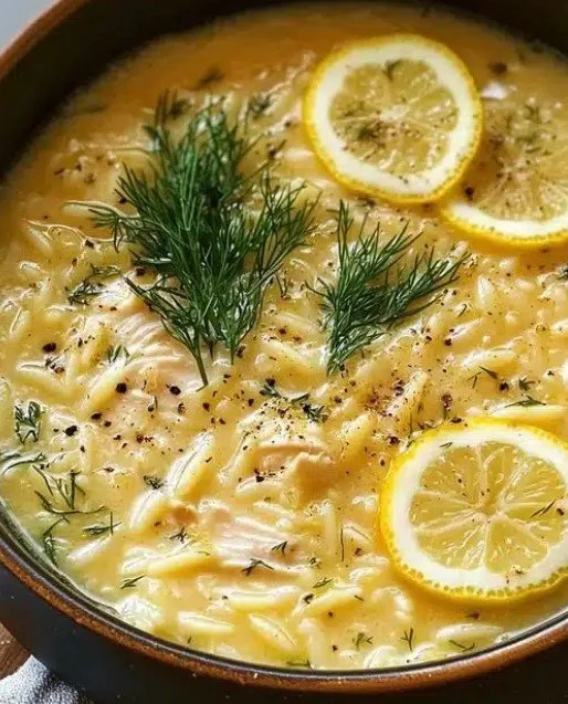 Bowl of creamy lemon orzo chicken soup garnished with fresh herbs
