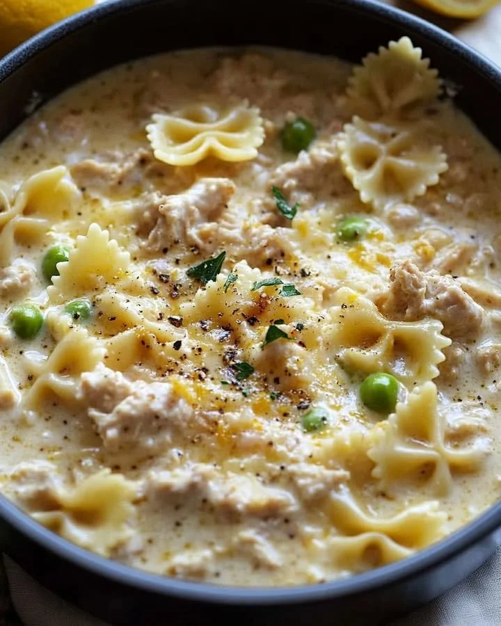 Creamy lemon ricotta bowtie pasta dish with chicken and peas