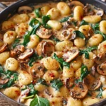 Creamy mushroom and spinach gnocchi served in a bowl