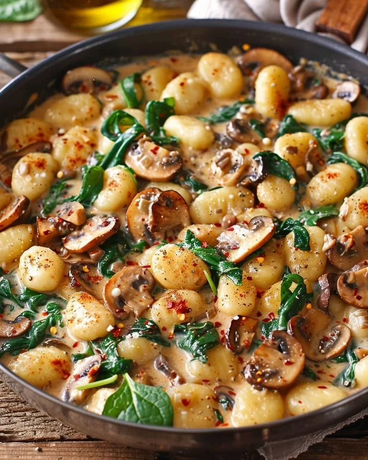 Creamy mushroom and spinach gnocchi served in a bowl