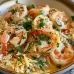 Creamy Orzo Shrimp Skillet topped with fresh herbs in a skillet