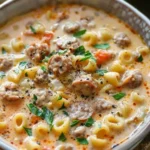 Bowl of creamy Parmesan Italian sausage soup garnished with herbs