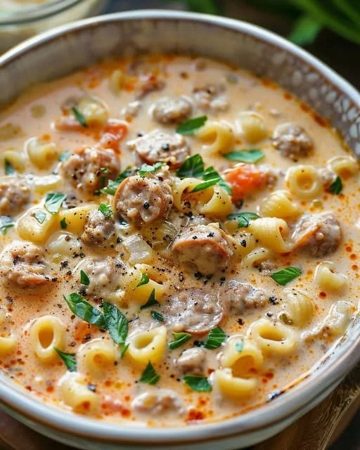 Bowl of creamy Parmesan Italian sausage soup garnished with herbs