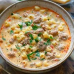 Delicious creamy Parmesan Italian sausage soup served in a bowl