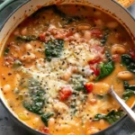 Bowl of creamy Parmesan Tuscano Soup garnished with fresh herbs