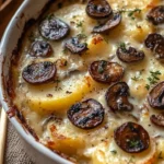 Creamy potato mushroom gratin baked to perfection with layers of tenderness and flavor.