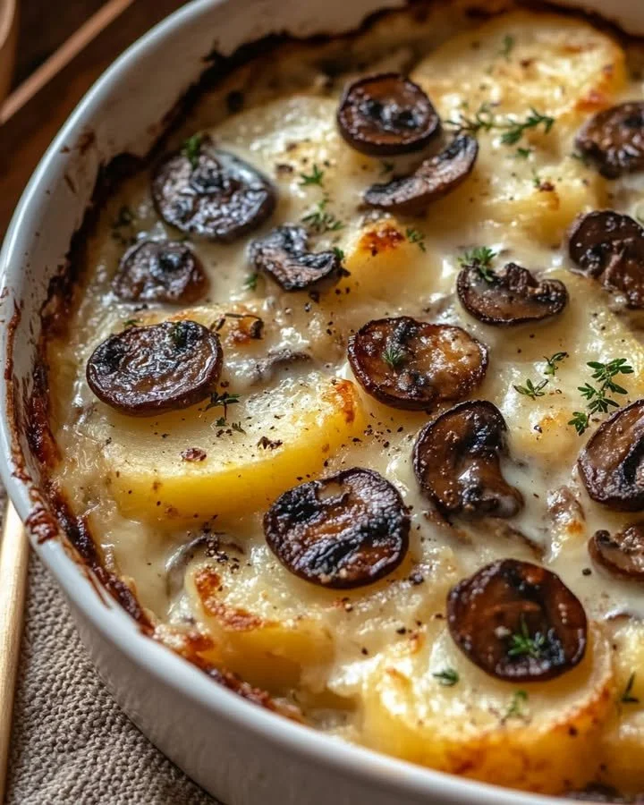Creamy potato mushroom gratin baked to perfection with layers of tenderness and flavor.