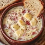 Bowl of creamy Reuben soup with corned beef, sauerkraut, and Swiss cheese
