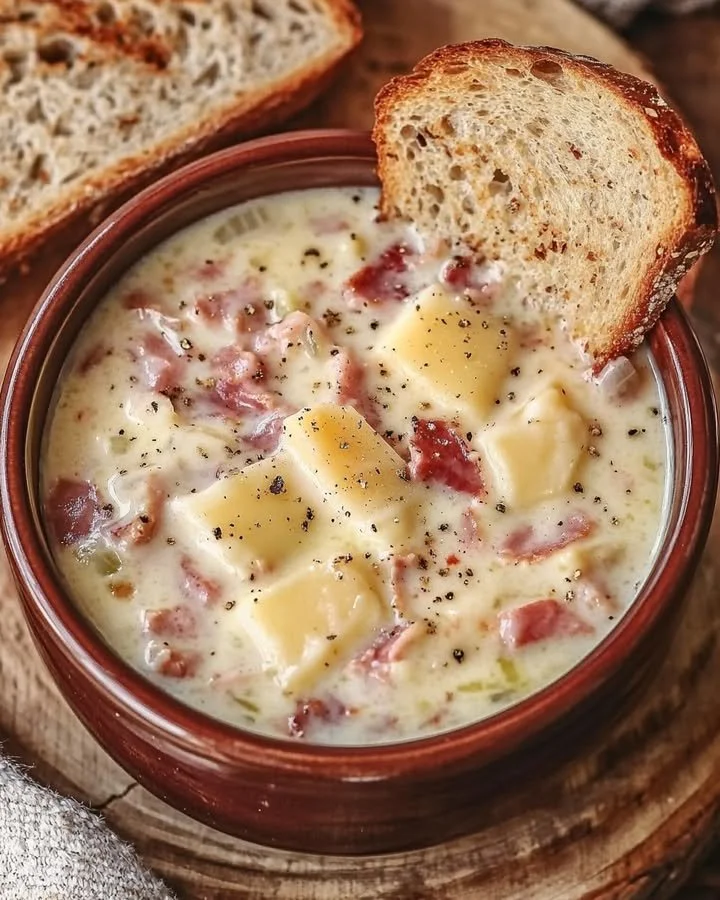 Bowl of creamy Reuben soup with corned beef, sauerkraut, and Swiss cheese