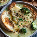 Creamy roasted broccoli soup garnished with cheddar croutons