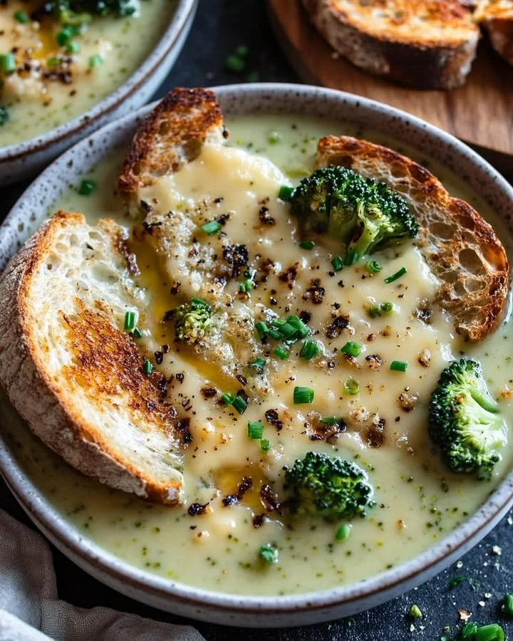 Creamy roasted broccoli soup garnished with cheddar croutons