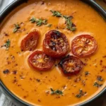 Creamy roasted tomato and garlic soup served in a bowl with fresh herbs