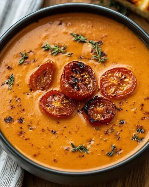 Creamy roasted tomato and garlic soup served in a bowl with fresh herbs