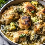 Creamy salsa verde chicken bake served in a ceramic dish