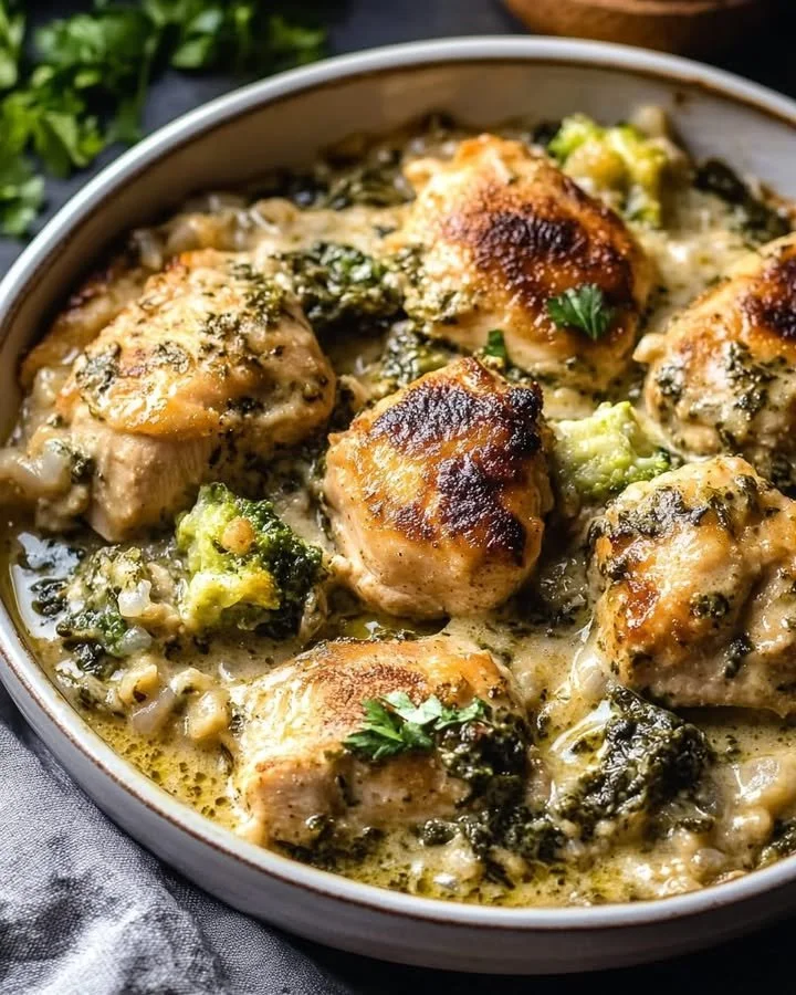 Creamy salsa verde chicken bake served in a ceramic dish