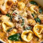 Bowl of creamy sausage tortellini soup with spinach and fennel