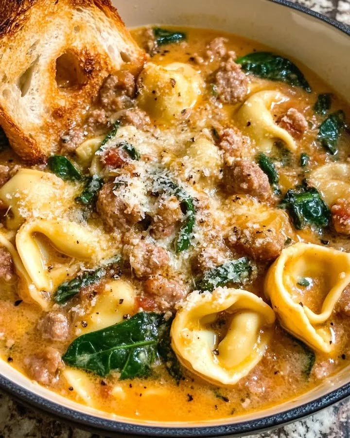 Bowl of creamy sausage tortellini soup with spinach and fennel