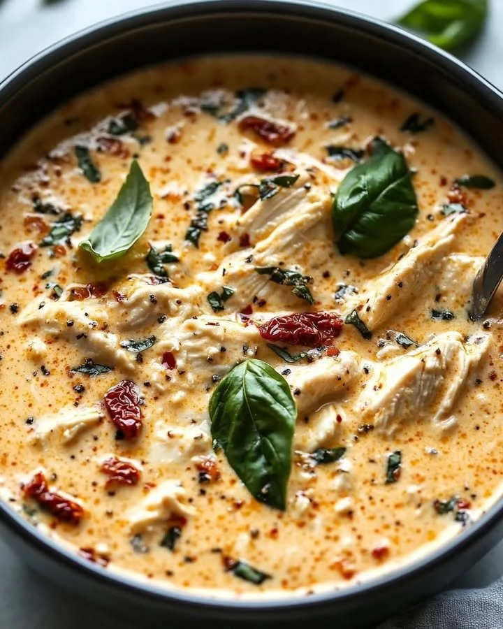 Creamy sun-dried tomato basil chicken served with herbs and pasta