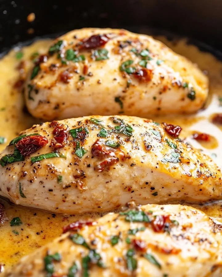 Creamy sun-dried tomato chicken skillet served with fresh herbs