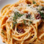 Creamy sun-dried tomato spaghetti garnished with fresh herbs and cheese