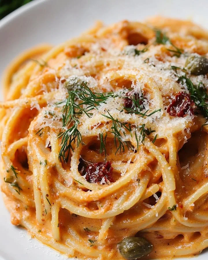 Creamy sun-dried tomato spaghetti garnished with fresh herbs and cheese