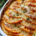 Creamy sweet potato gratin dish with layers of cheese and herbs