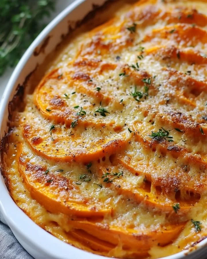 Creamy sweet potato gratin dish with layers of cheese and herbs
