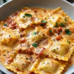 Creamy tomato basil ravioli served with a fresh basil garnish