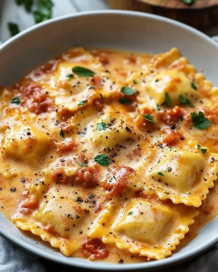 Creamy tomato basil ravioli served with a fresh basil garnish