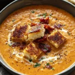 Creamy tomato bisque topped with grilled cheese croutons for a delightful meal