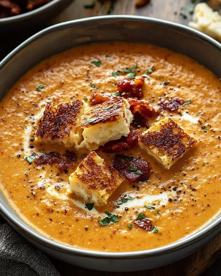 Creamy tomato bisque topped with grilled cheese croutons for a delightful meal