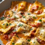 Delicious creamy tomato parmesan ravioli served in a bowl