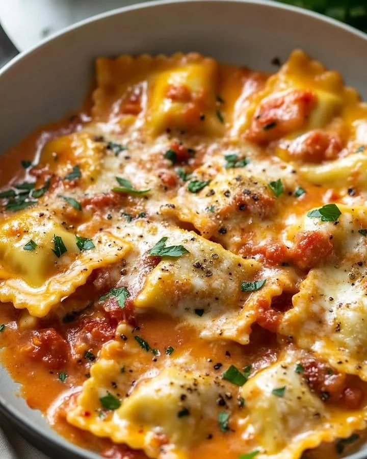 Delicious creamy tomato parmesan ravioli served in a bowl