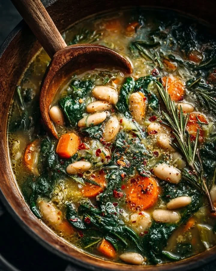 Creamy white bean and spinach soup garnished with lemon slices
