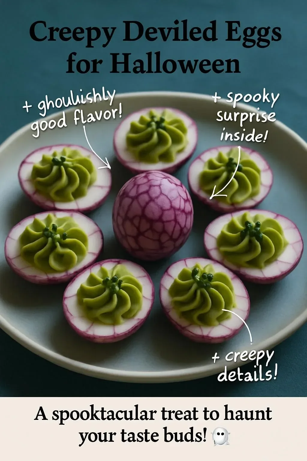 Spooky creepy deviled eggs with olive spider garnish for Halloween