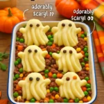 Creepy Shepherd's Pie with spooky decorations for Halloween meals.