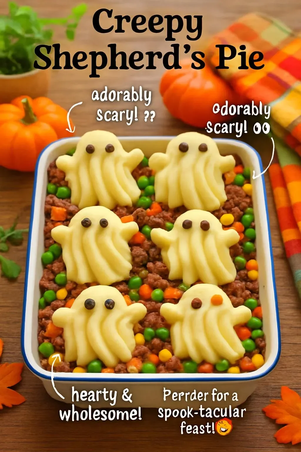 Creepy Shepherd's Pie with spooky decorations for Halloween meals.