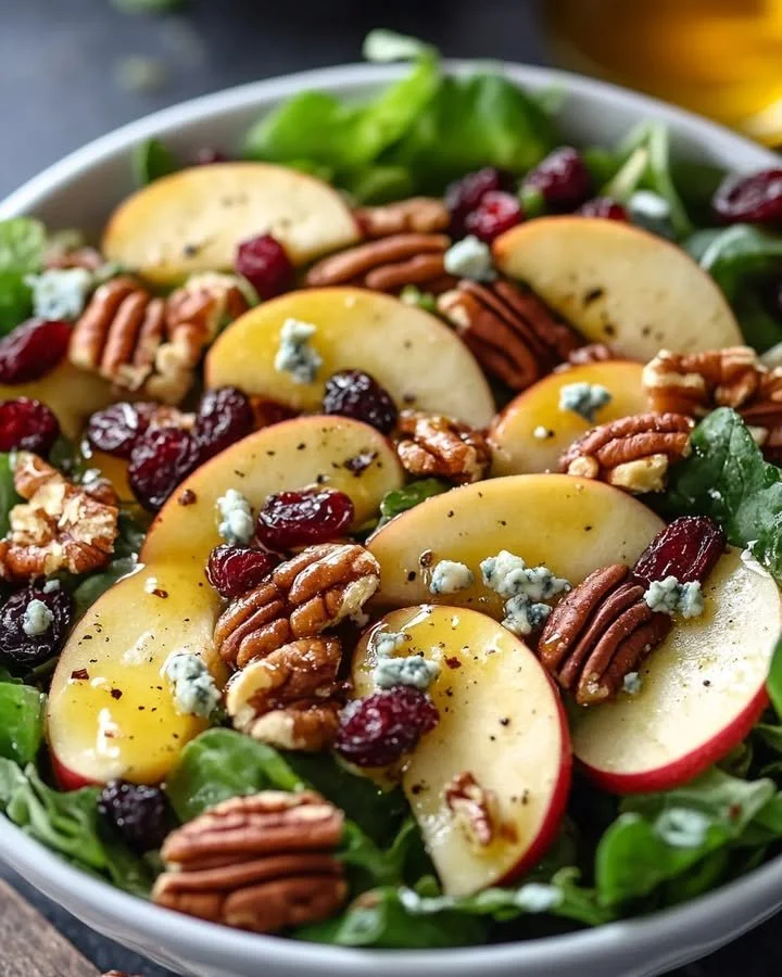 Crisp Apple Pecan Salad with apple cider vinaigrette served in a bowl.