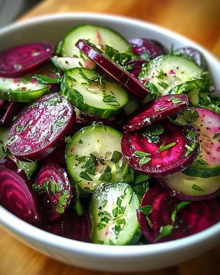Crisp cucumber and beetroot salad drizzled with fresh herb dressing.