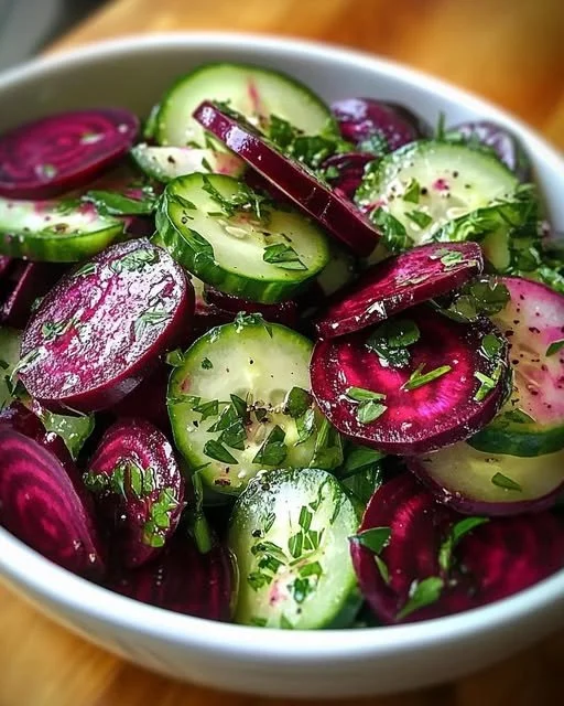 Cucumber and beetroot salad topped with herb dressing in a bowl