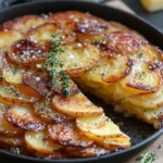 Crispy balsamic potato torte garnished with fresh thyme leaves.