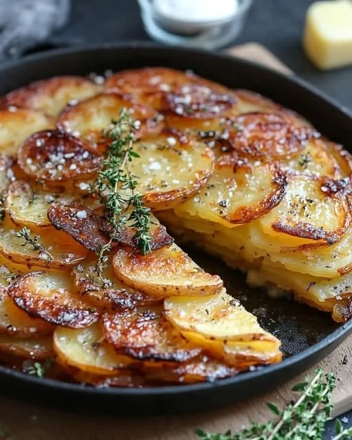 Crispy balsamic potato torte garnished with fresh thyme leaves.