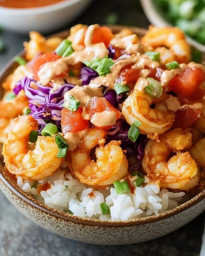 Crispy Bang Bang Shrimp Rice Bowl with zesty sauce and fresh toppings