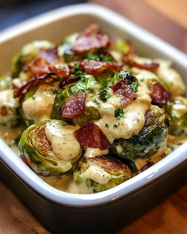 Crispy Brussels sprouts with bacon and creamy mustard sauce