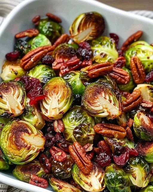 Crispy Brussels Sprouts with Bacon, Pecans, and Cranberries on a plate