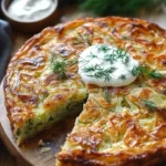 Crispy Cabbage Pie with Dill Cream Sauce served on a plate