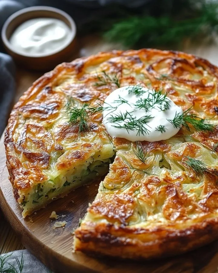 Crispy Cabbage Pie with Dill Cream Sauce served on a plate
